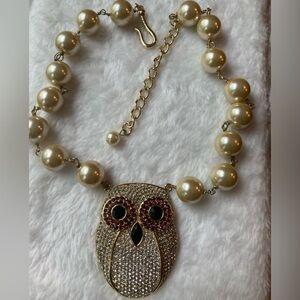 AKKAD‎ Pave’ Crystals Owl Pendant Faux Pearls Necklace